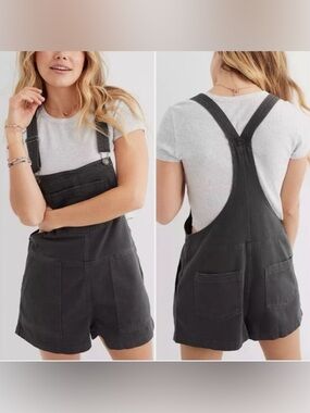 Black/Gray Denim Short Overalls Aerie